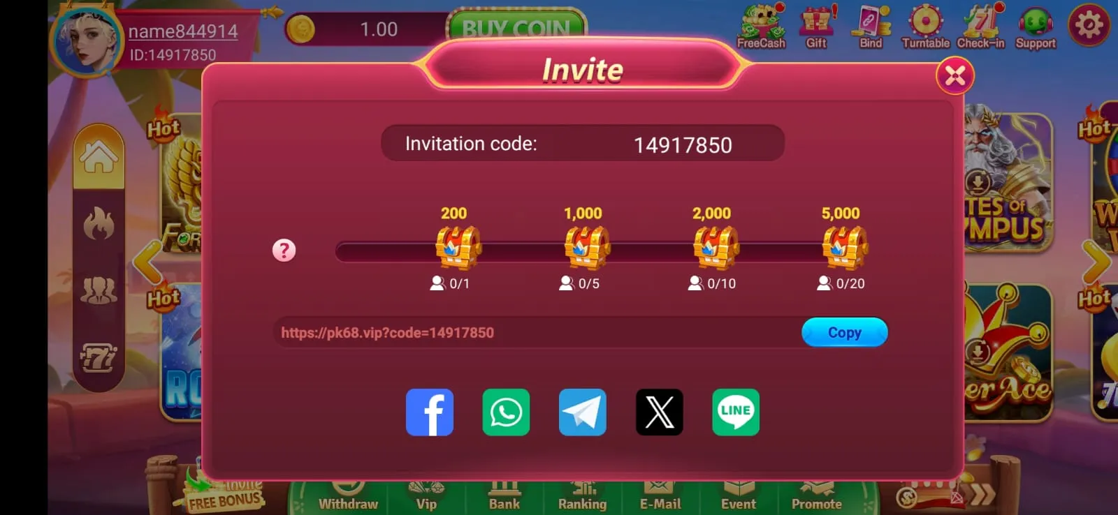 PK68 Game Invite Code Referral Bonus